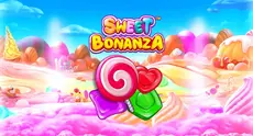 Renkli tatlılar ve meyvelerle tasarlanmış Sweet Bonanza oyununun logosu.